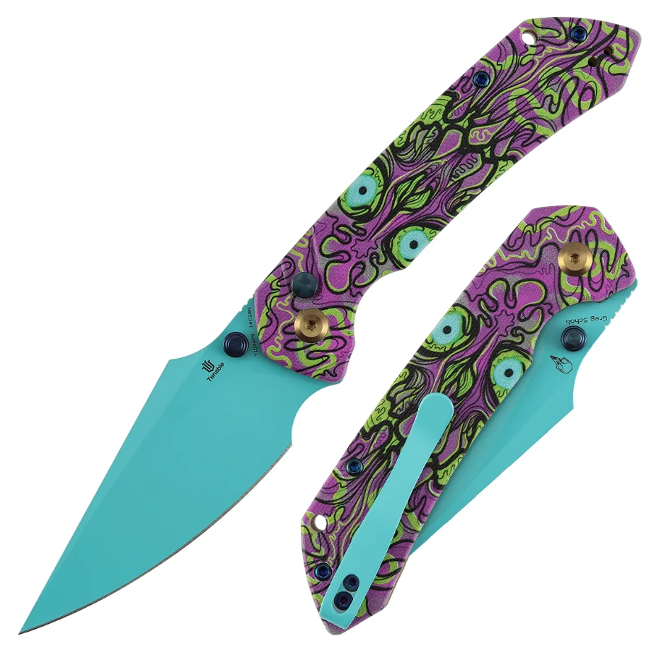 Tenable Fenrir Button Lock Folding Knife Light Blue Coated14C28N/Purple Undead G-10 T1034F9 View 1