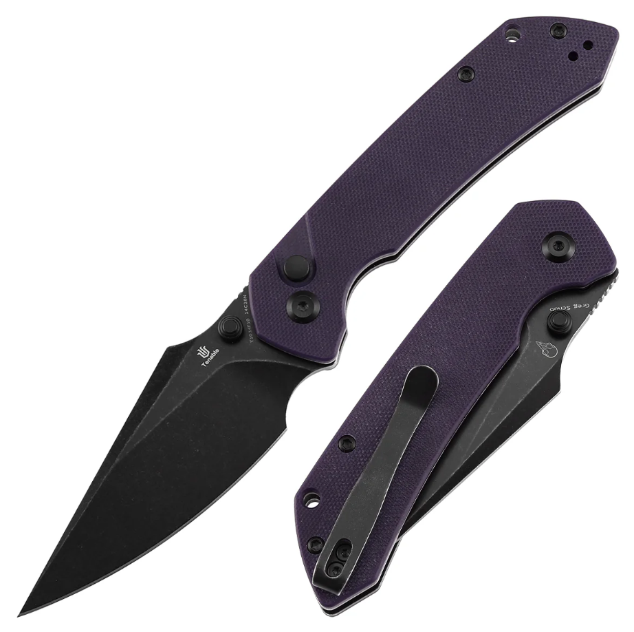 Tenable Fenrir Button Lock Folding Knife Blackwash 14C28N/Purple G-10 T1034F10 View 1