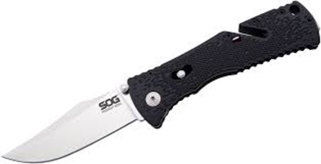 SOG Trident Mini AO Folder Black GRN W/ Groove Handle Satin Clip Point Blade View 1
