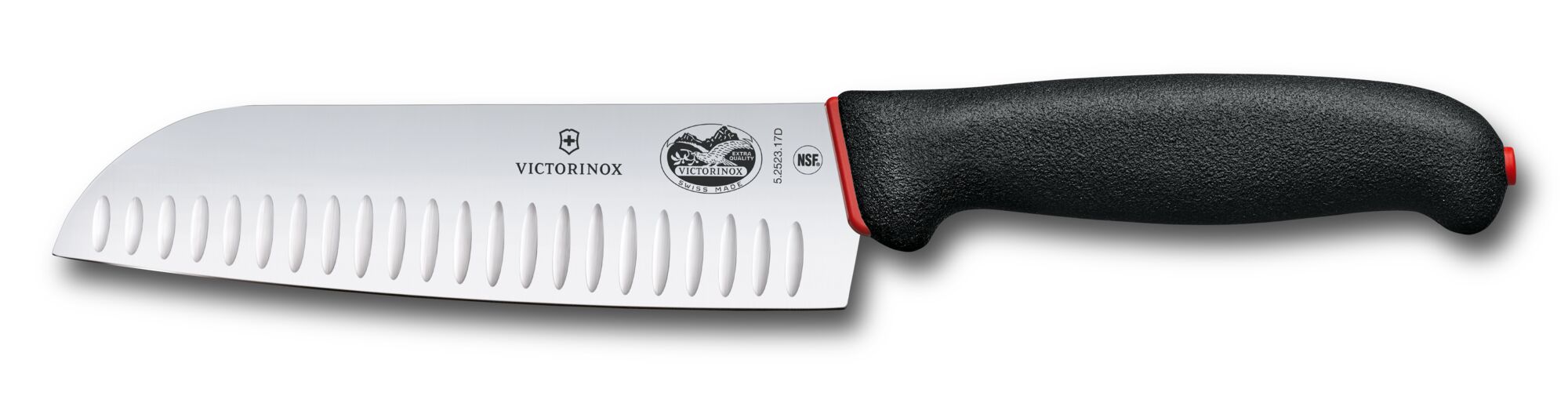 Victorinox 7-inch Granton Blade Santoku Knife Black/Red Dual Grip Handle 5.2523.17DB View 1