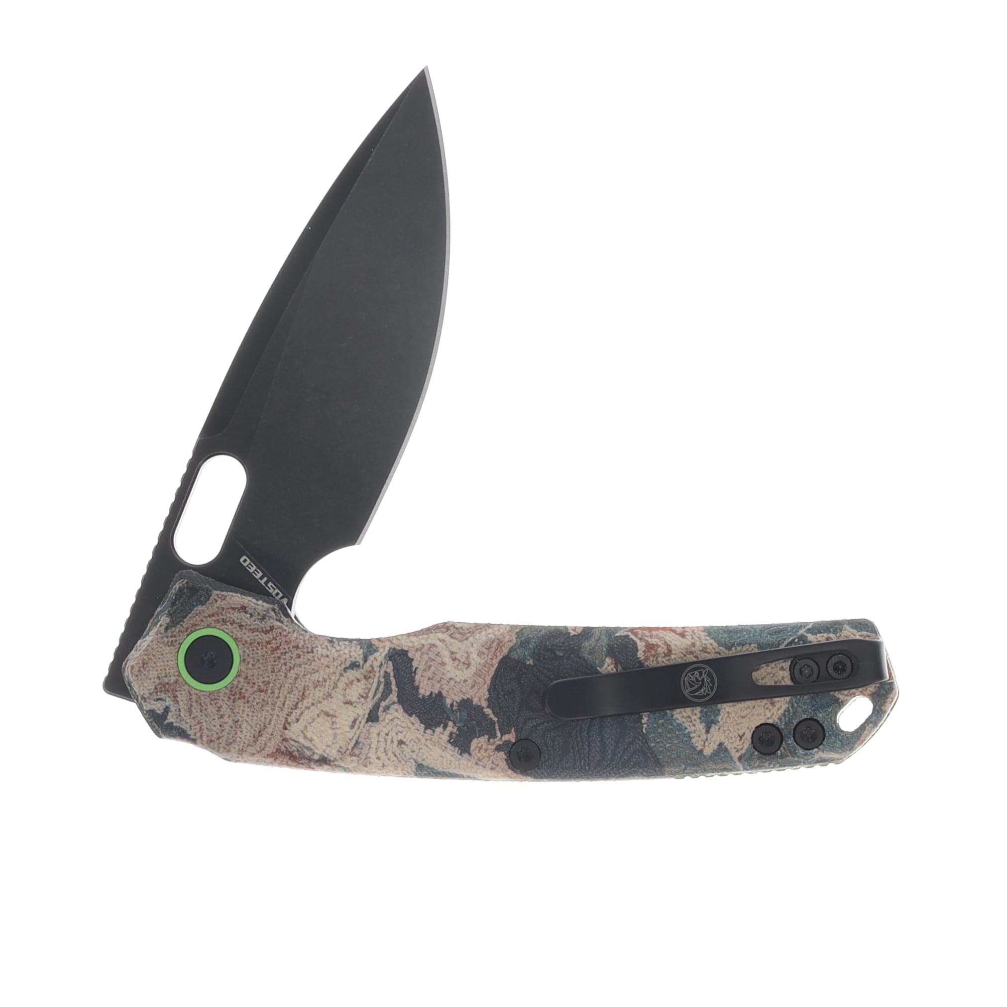 Vosteed Psyop Folder Canvas Rag Burl - Blue Current Micarta Black Elmax Blade A2235 View 4
