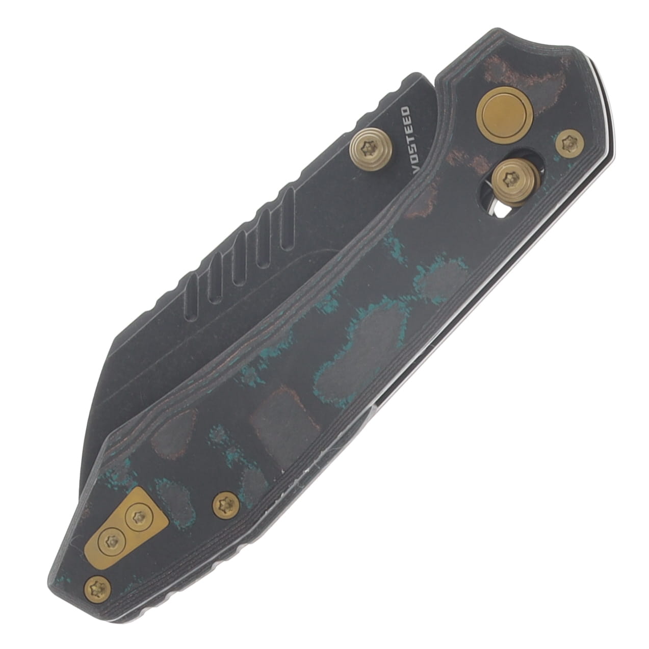 Vosteed Mini RSKAOS Folder Blk STNWSH Blade Shipwreck Camo Carbon Fiber Handle View 5