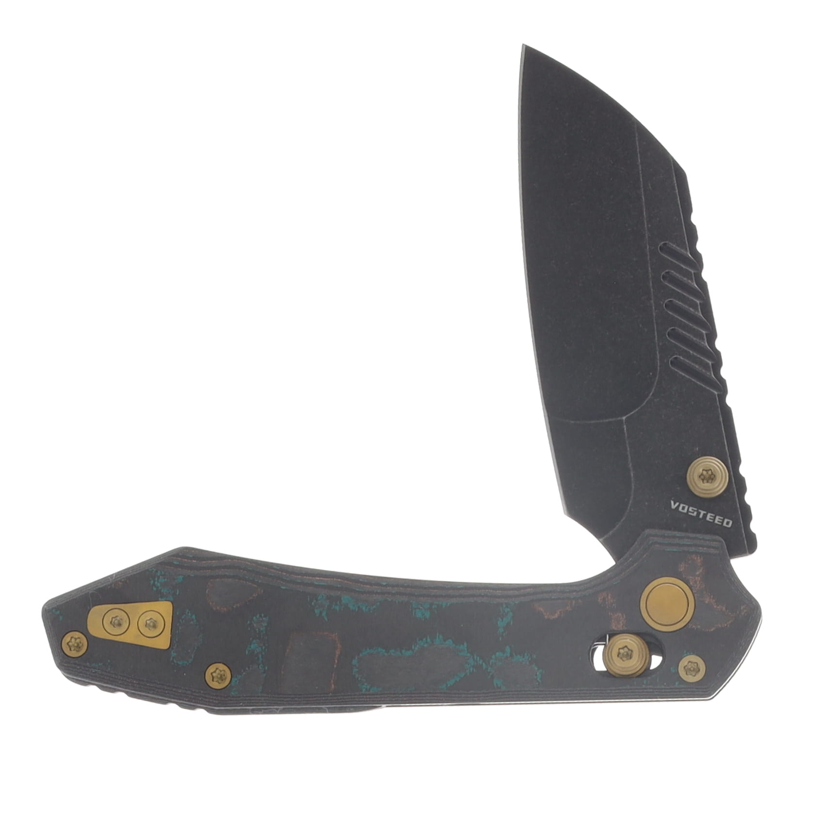 Vosteed Mini RSKAOS Folder Blk STNWSH Blade Shipwreck Camo Carbon Fiber Handle View 3
