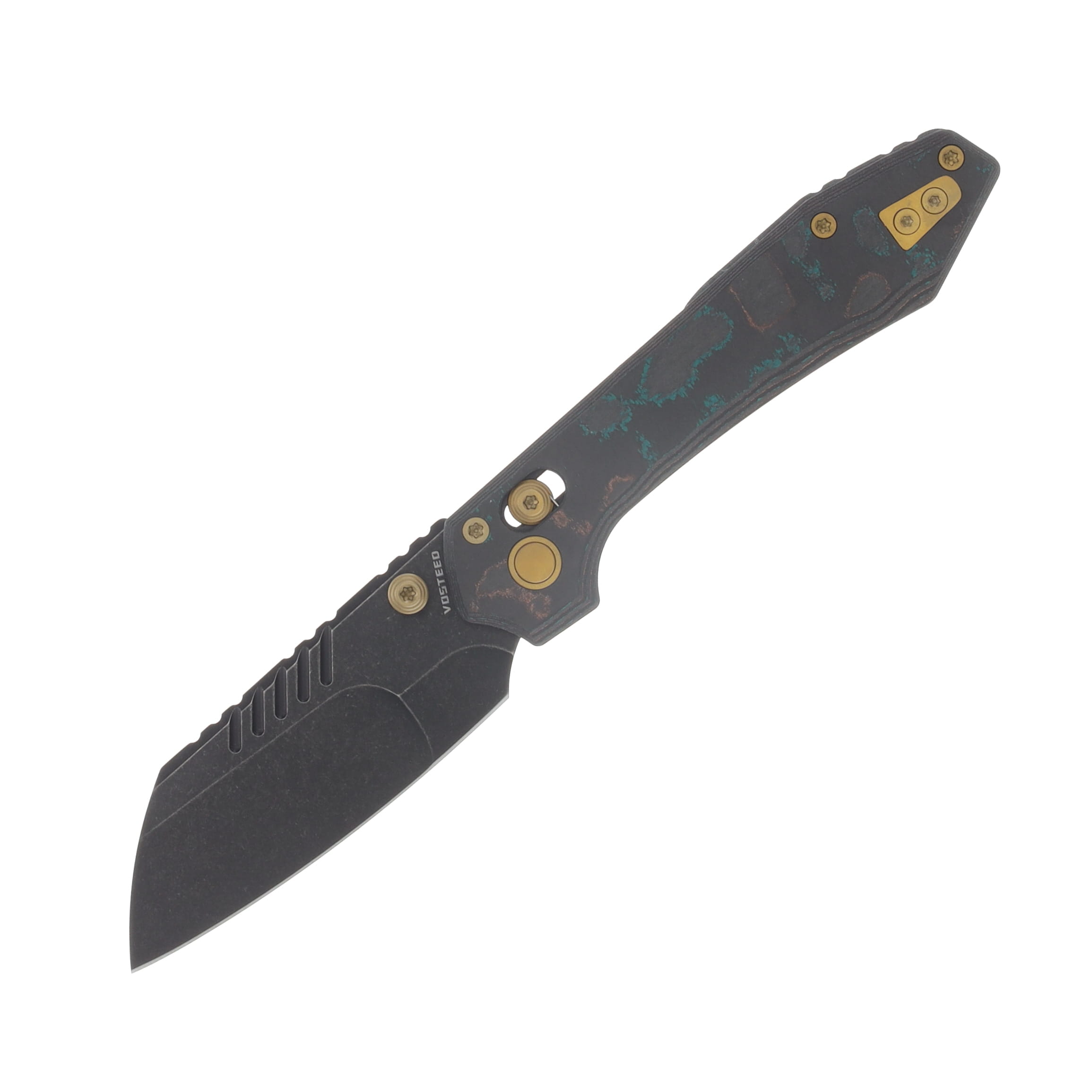 Vosteed Mini RSKAOS Folder Blk STNWSH Blade Shipwreck Camo Carbon Fiber Handle View 1