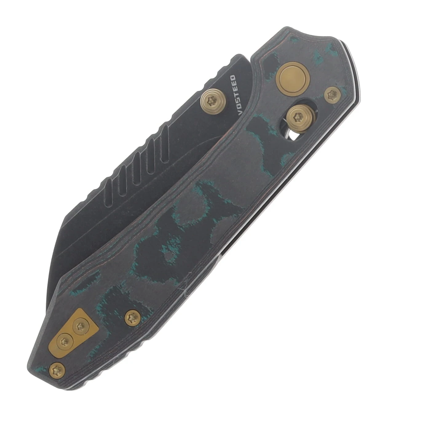 Vosteed Mini RSKAOS Folder Black Serrated STNWSH Blade Shipwreck Camo Carbon Fiber Handle A4406 View 5