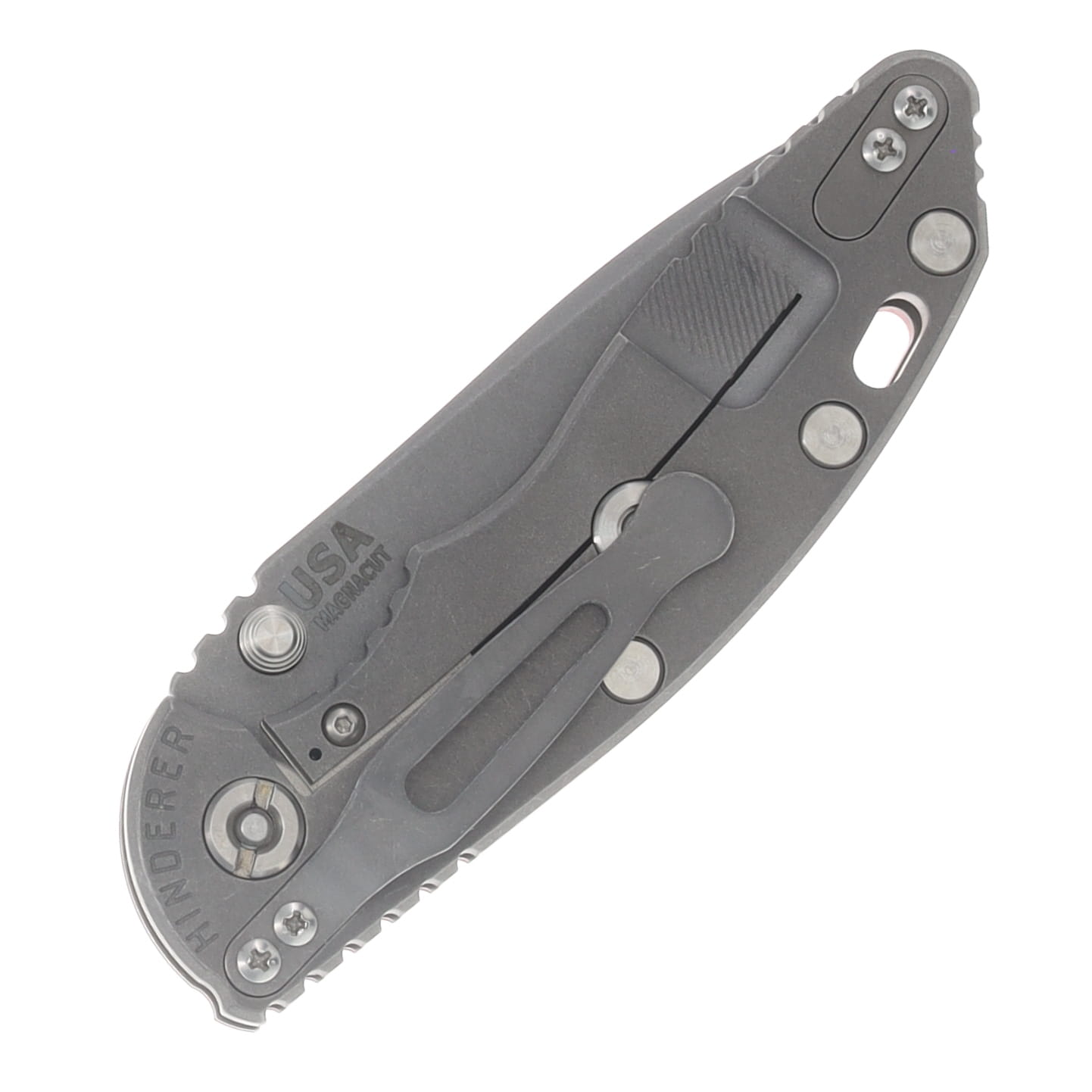 Hinderer XM-18 3.25 Non Flipper Folding Knife Magnacut Spanto/Red G-10 and Working Finish Titanium KXM325SPANFTWWFRD View 6