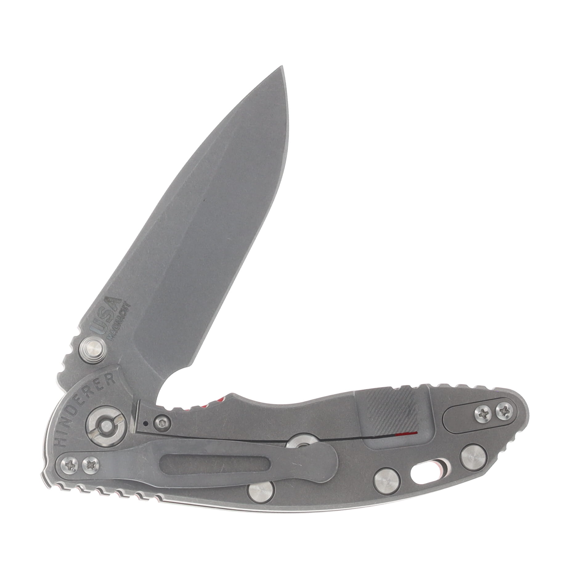 Hinderer XM-18 3.25 Non Flipper Folding Knife Magnacut Spanto/Red G-10 and Working Finish Titanium KXM325SPANFTWWFRD View 4