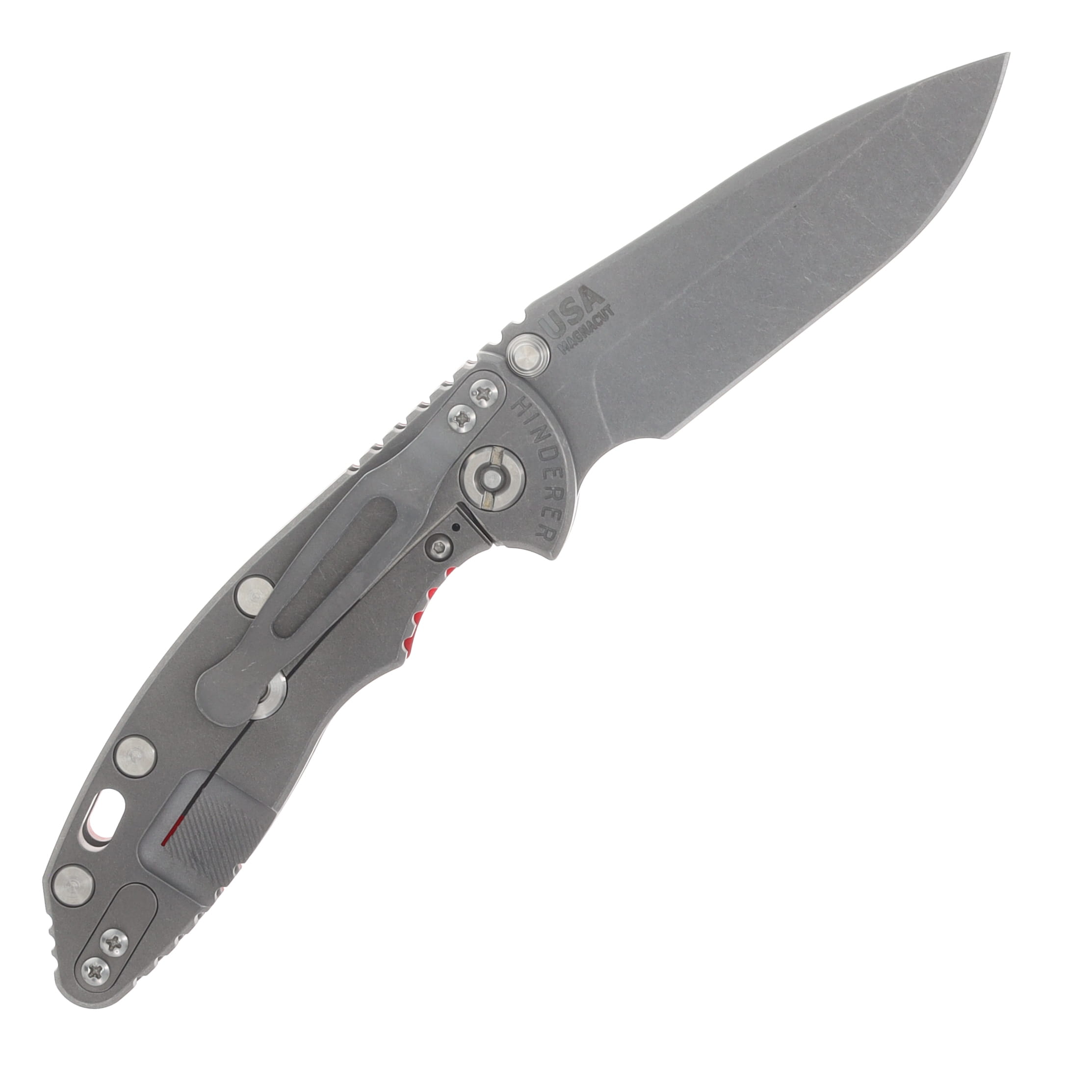 Hinderer XM-18 3.25 Non Flipper Folding Knife Magnacut Spanto/Red G-10 and Working Finish Titanium KXM325SPANFTWWFRD View 2