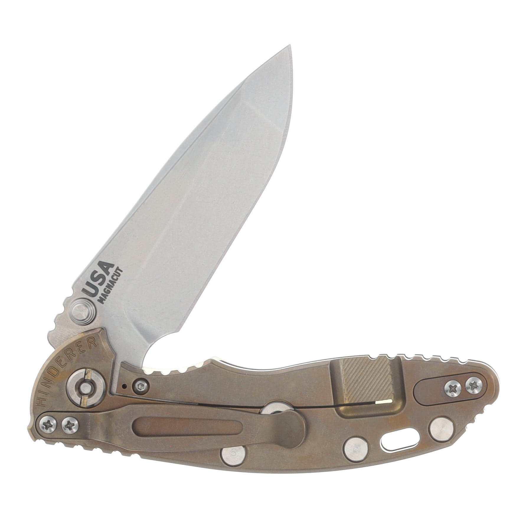 Hinderer XM-18 3.25 Non Flipper Folding Knife Magnacut Spanto/Translucent Green G-10 and Stonewash Bronze Titanium KXM325SPANFTWWSWBZ View 4