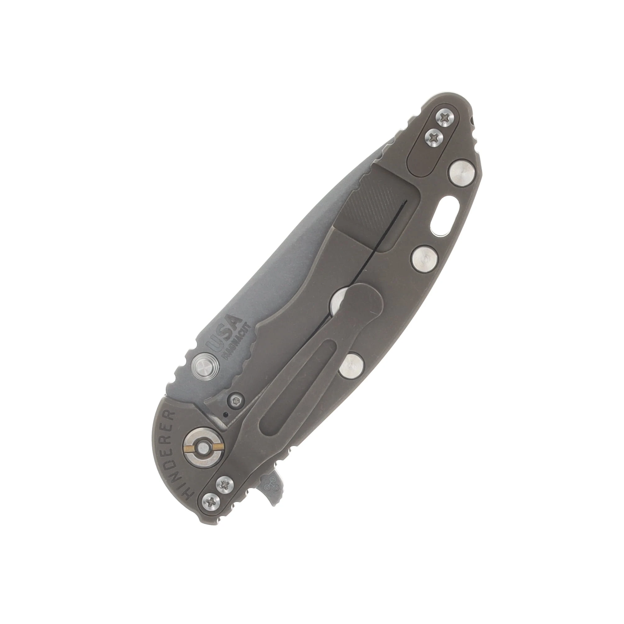 Hinderer XM-18 3.25 Flipper Folding Knife Magnacut Spanto/Translucent Green G-10 Battle Bronze Titanium KXM325SPANFBBZTG View 6