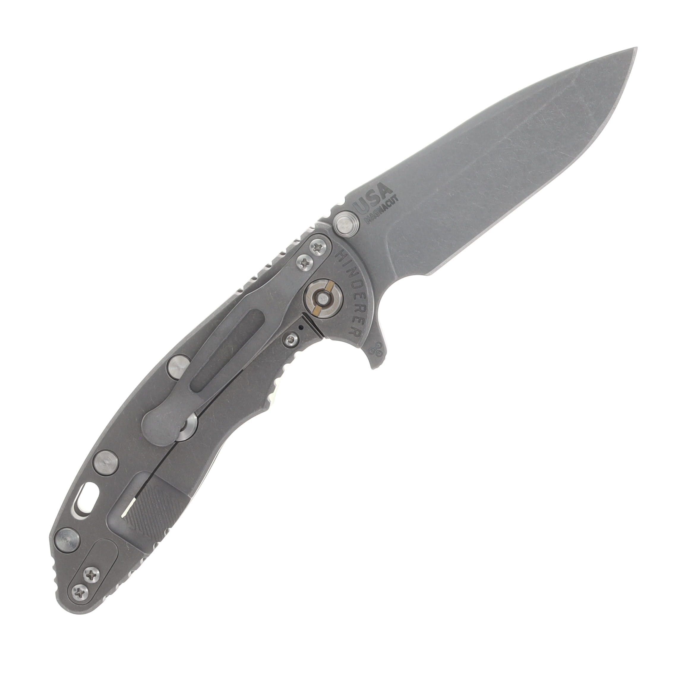 Hinderer XM-18 3.25 Flipper Folding Knife Magnacut Spanto/Black and Blue G-10 and Working Finish Titanium KXM325SPANFWFBLBK View 2