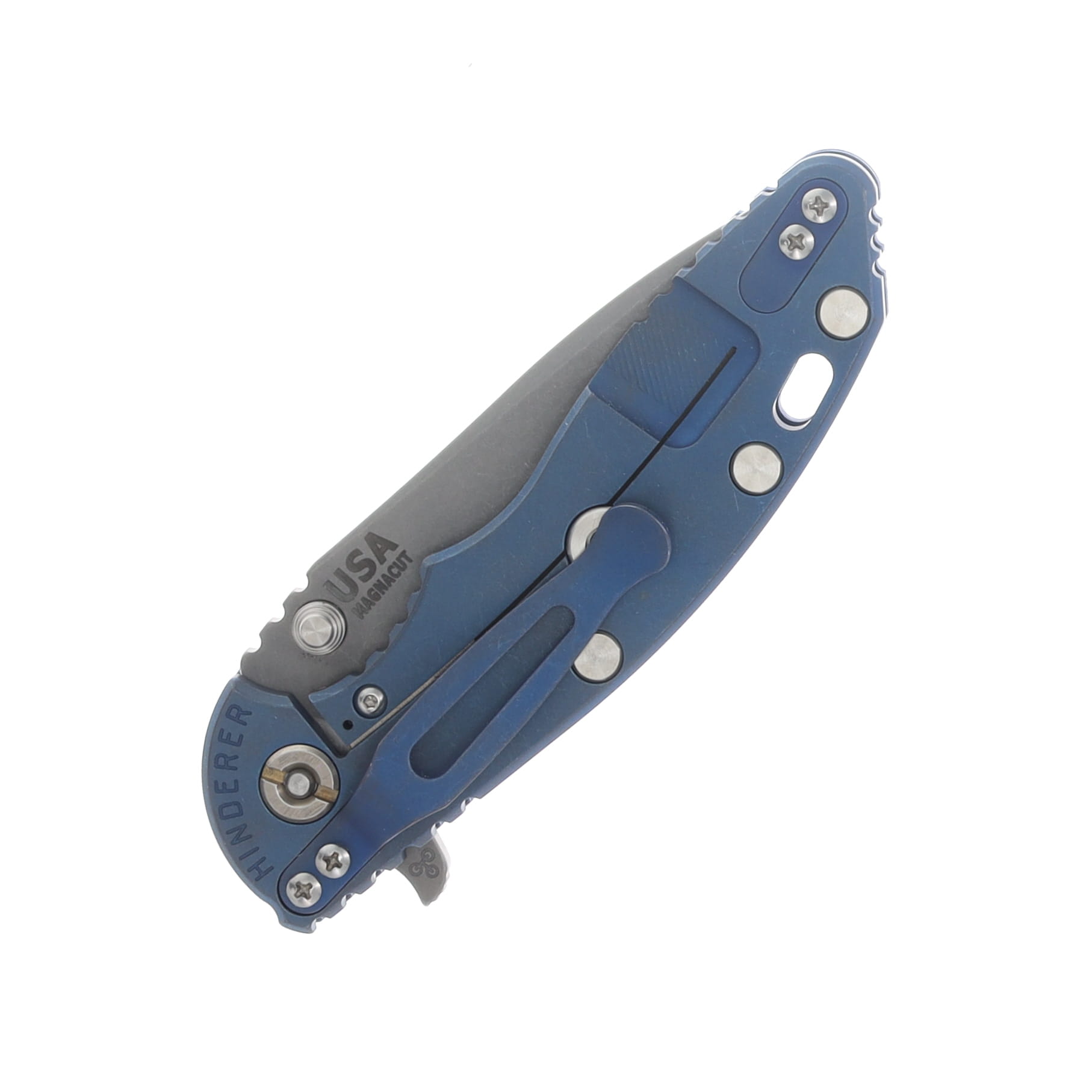 Hinderer XM-18 3.25 Flipper Folding Knife Magnacut Spanto/Red G-10 and Battle Blue Titanium KXM325SPANFBBLRD View 6