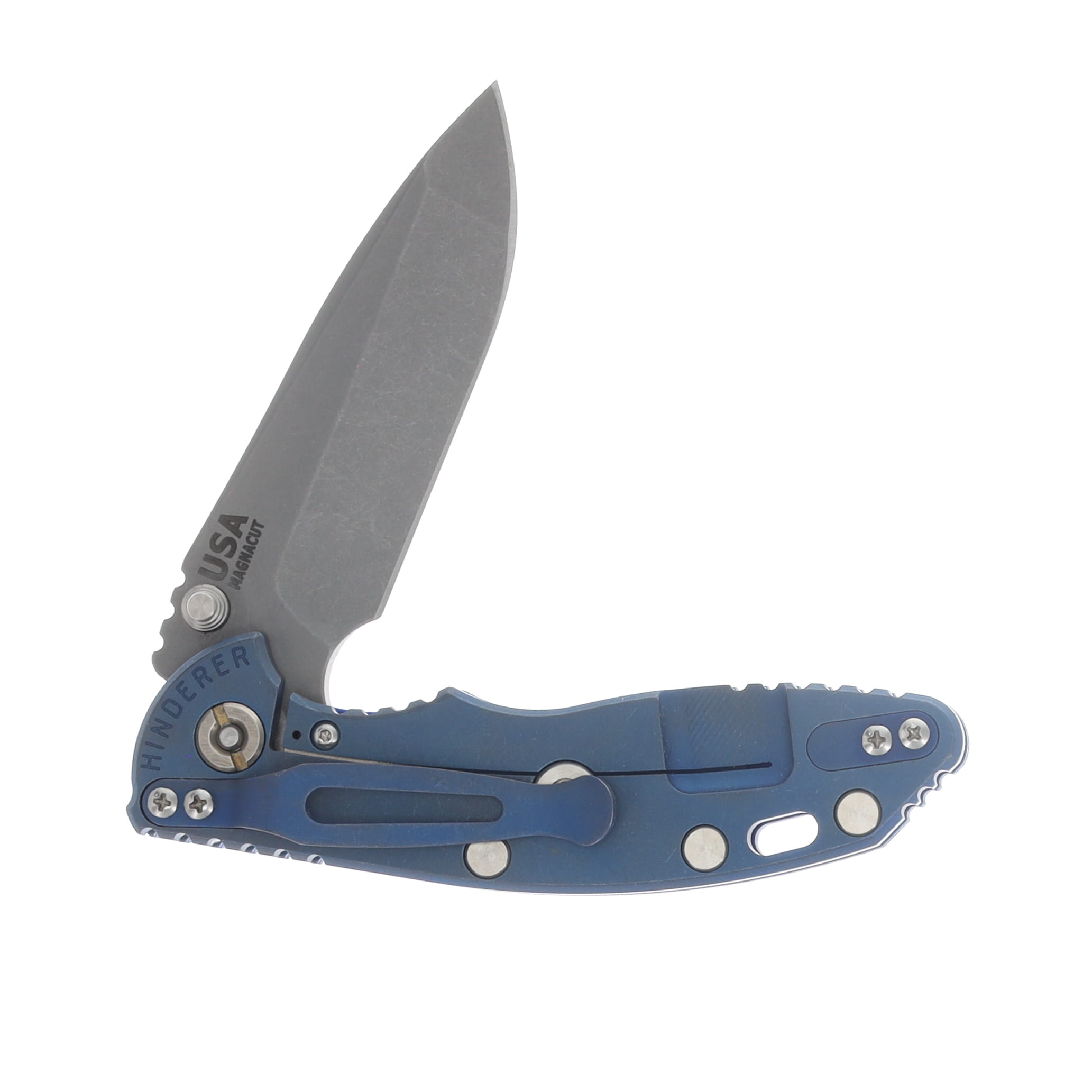 Hinderer XM-18 3.25 Flipper Folding Knife Magnacut Spanto/Red G-10 and Battle Blue Titanium KXM325SPANFBBLRD View 4