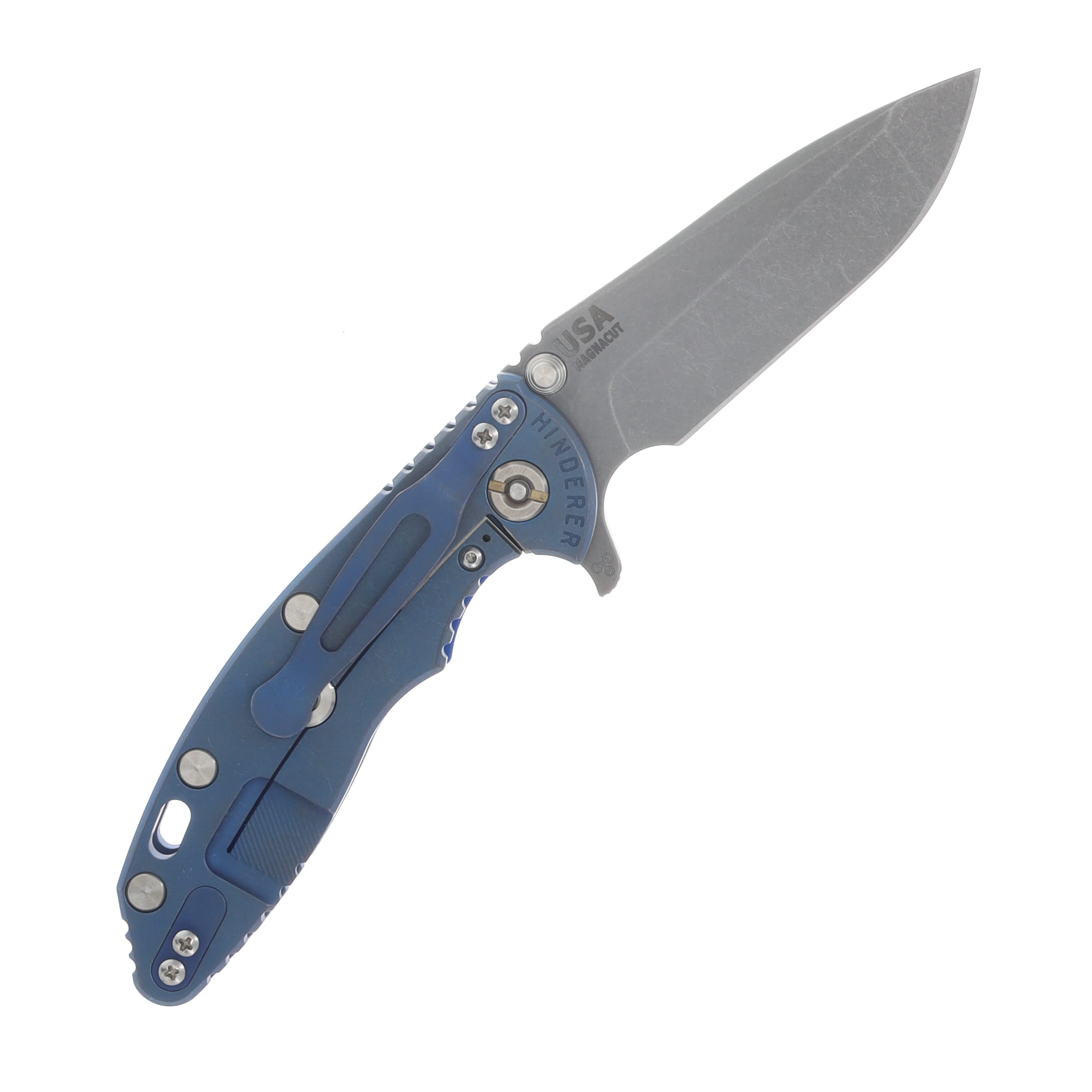 Hinderer XM-18 3.25 Flipper Folding Knife Magnacut Spanto/Red G-10 and Battle Blue Titanium KXM325SPANFBBLRD View 2