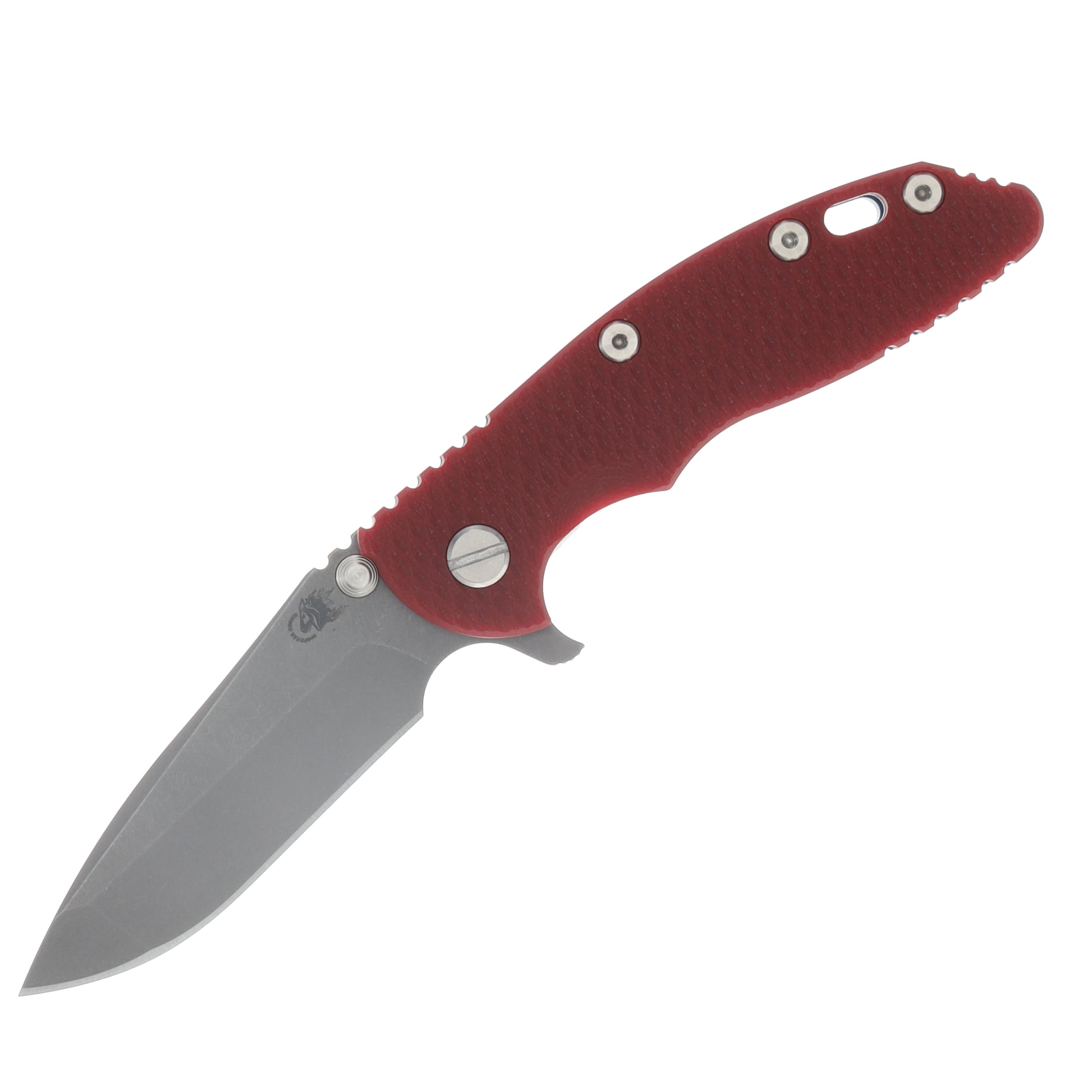 Hinderer XM-18 3.25 Flipper Folding Knife Magnacut Spanto/Red G-10 and Battle Blue Titanium KXM325SPANFBBLRD View 1