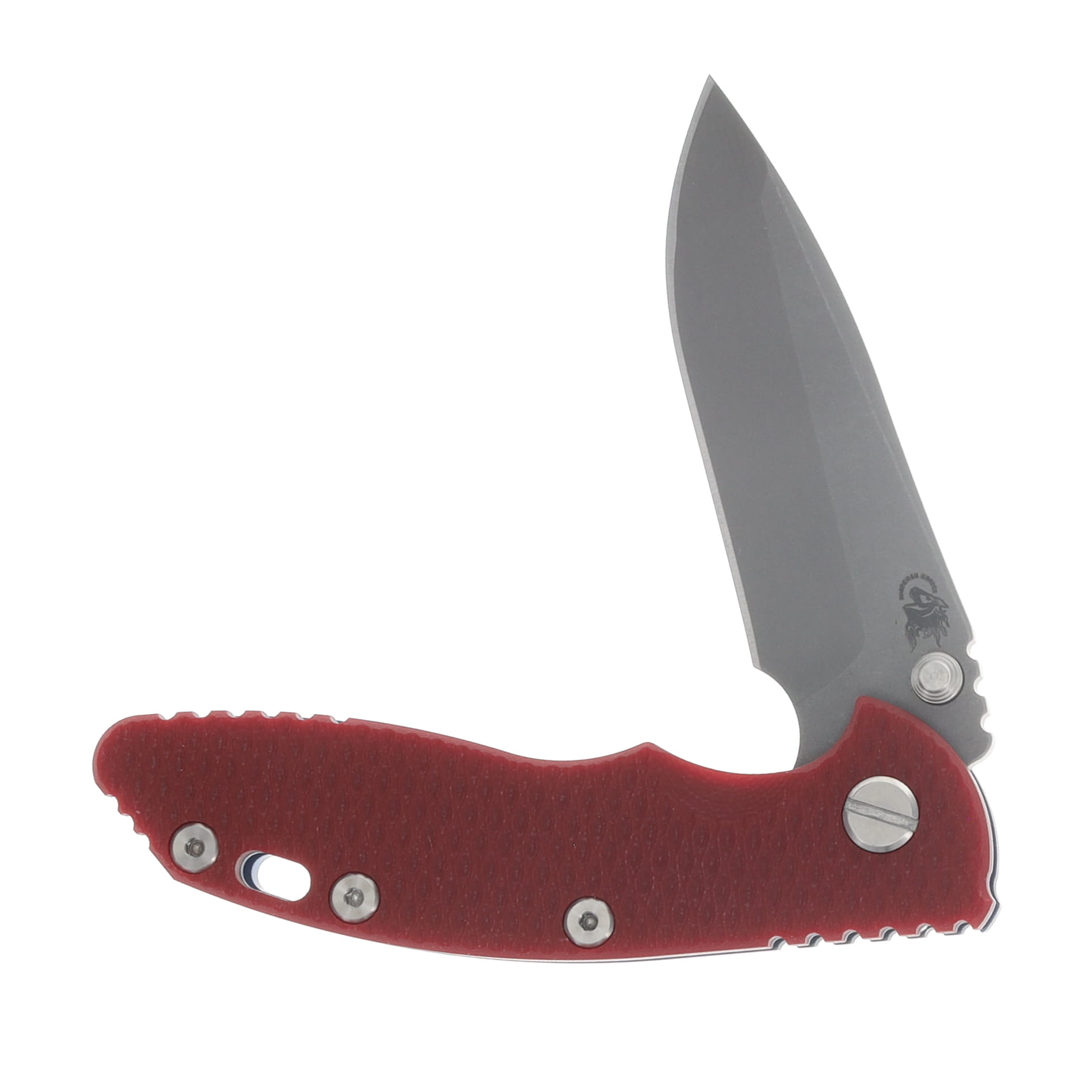 Hinderer XM-18 3.25 Flipper Folding Knife Magnacut Spanto/Red G-10 and Battle Blue Titanium KXM325SPANFBBLRD View 3