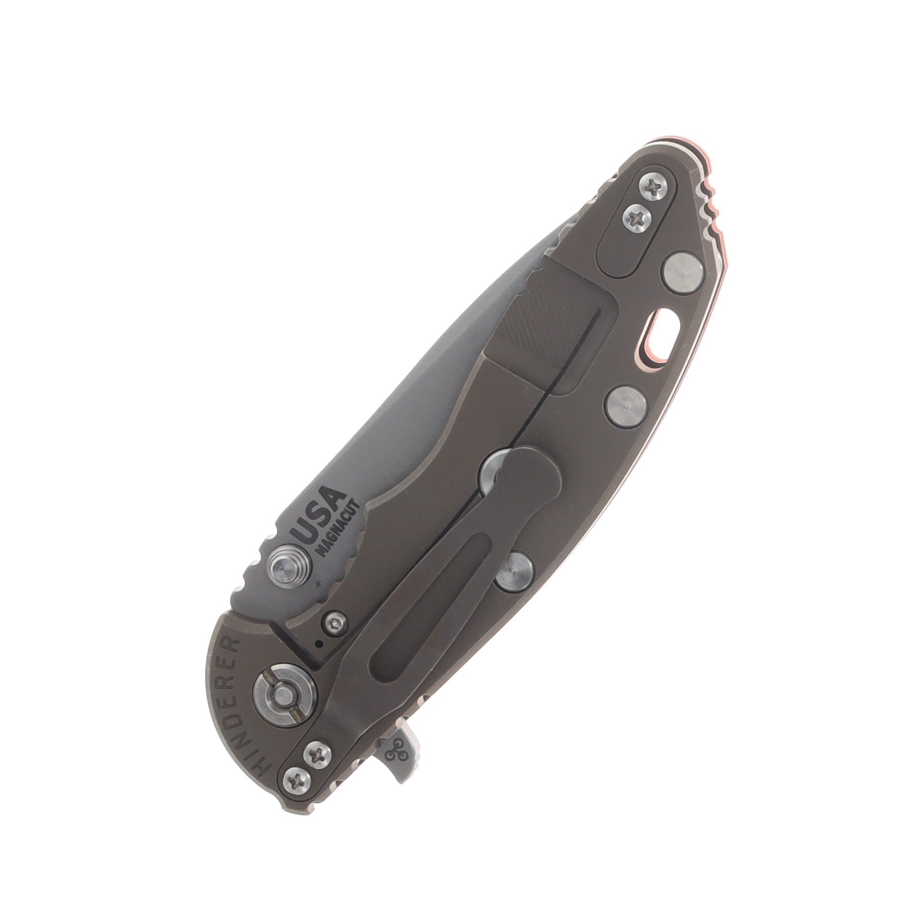 Hinderer XM-18 3.25 Flipper Folding Knife Magnacut Spanto/Orange G-10 and Battle Bronze Titanium KXM325SPANFBBZOR View 6