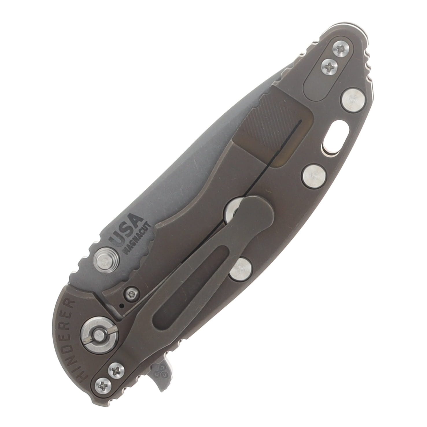 Hinderer XM-18 3.25 Flipper Folding Knife Magnacut Spanto/Coyote G-10 and Battle Bronze Titanium KXM325SPANFBBZCY View 6