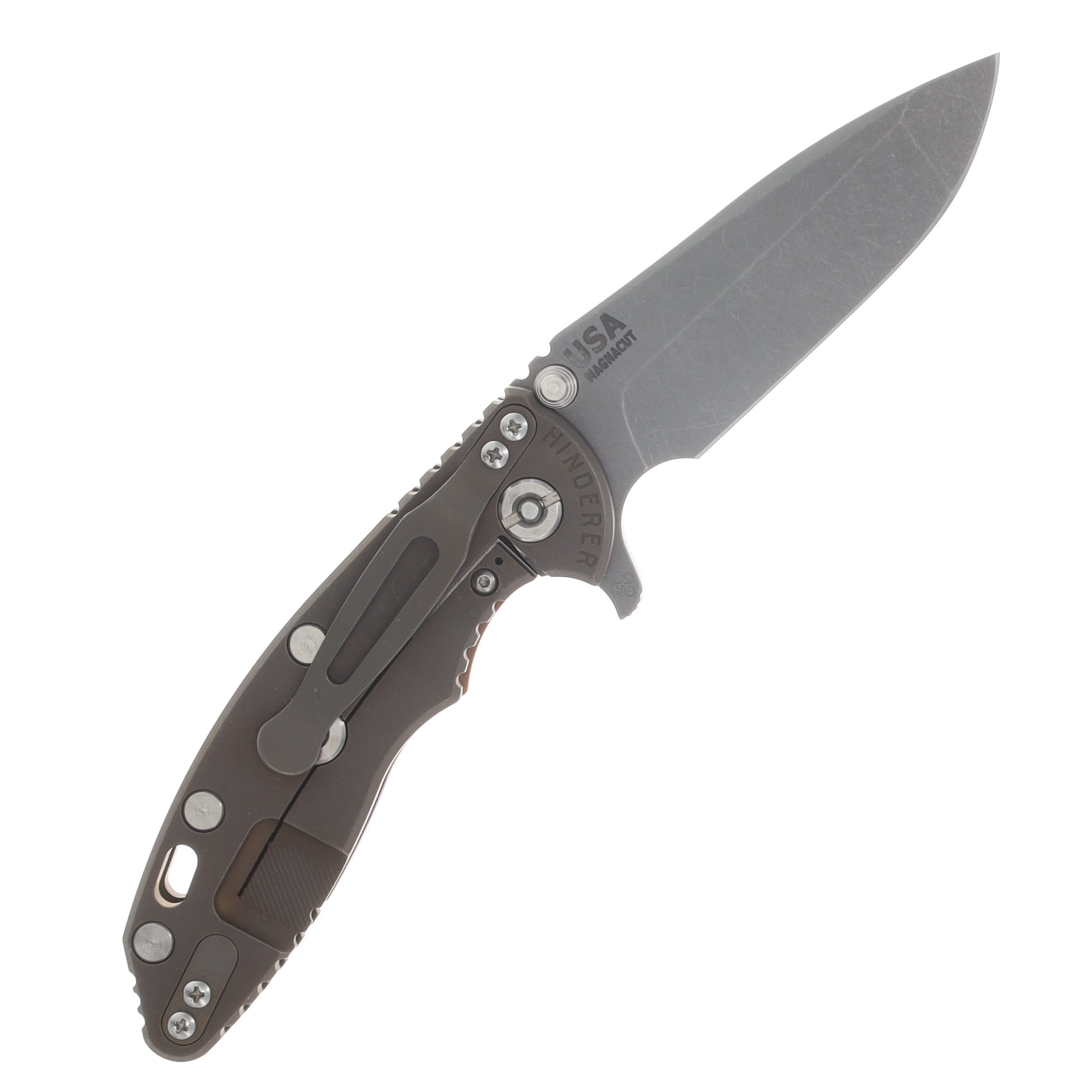 Hinderer XM-18 3.25 Flipper Folding Knife Magnacut Spanto/Coyote G-10 and Battle Bronze Titanium KXM325SPANFBBZCY View 2