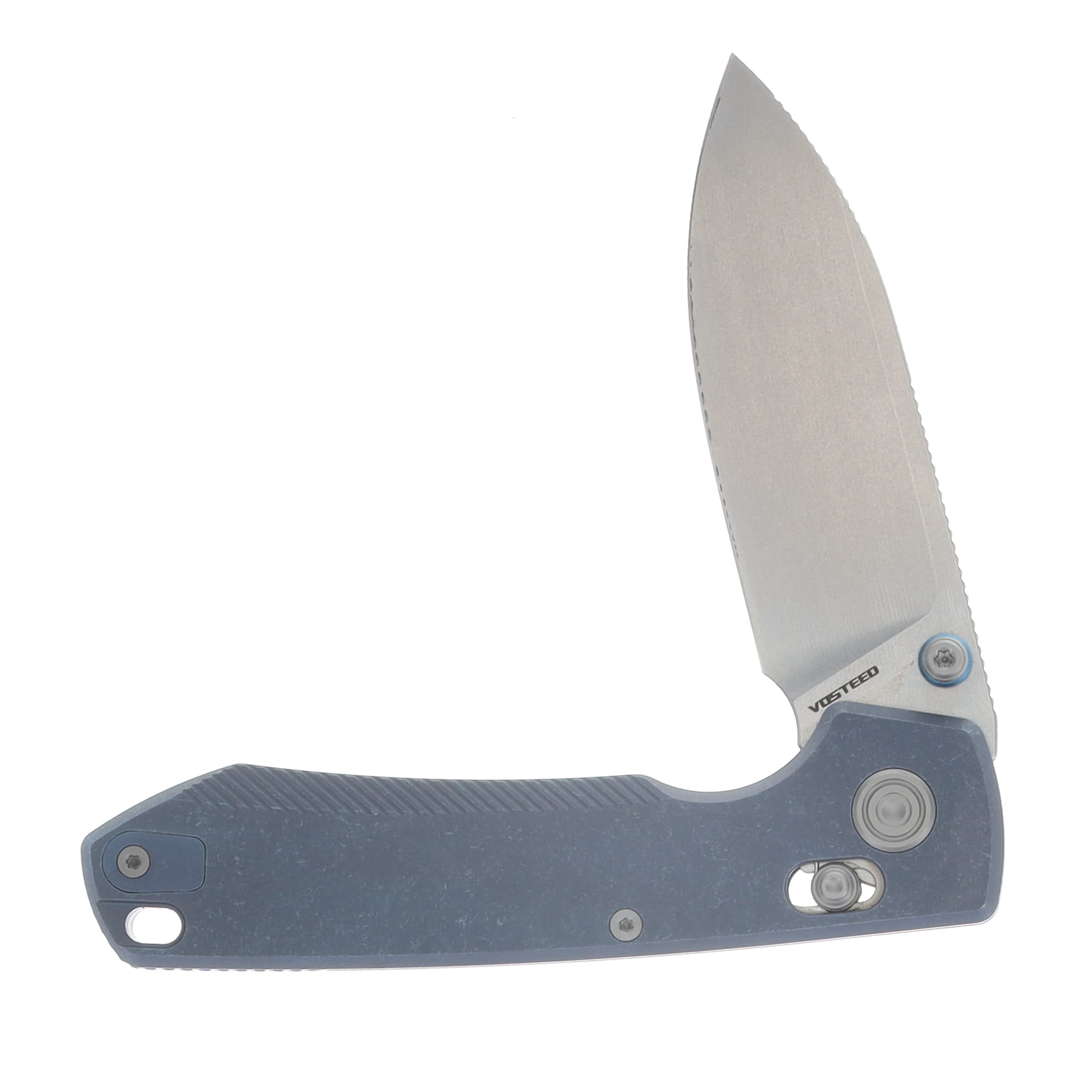 Vosteed TiSlim Raccoon Crossbar Lock Folding Knife Stonewash 154CM/Blue Titanium A4502 View 3