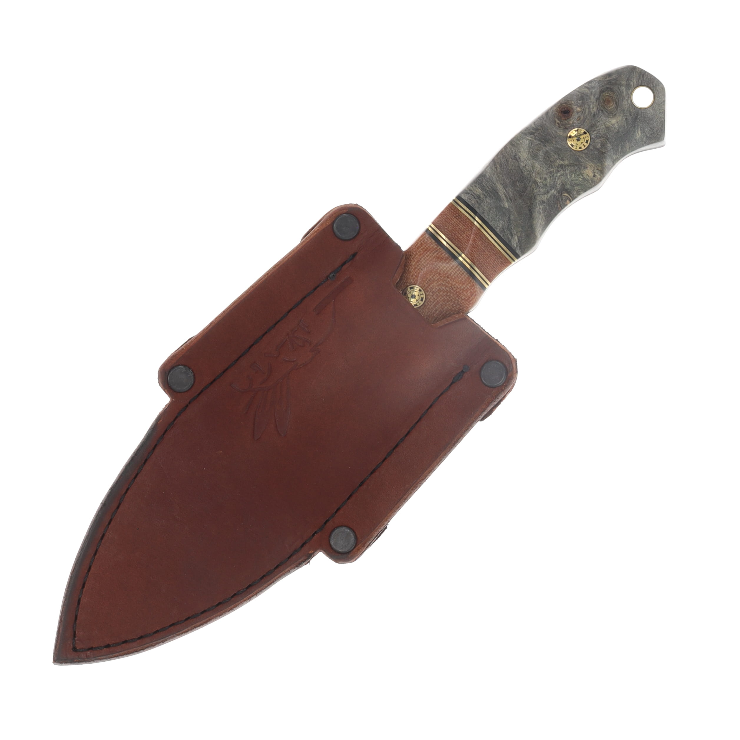 Half Face Blades Disaster Jr Fixed Blade Natural Canvas Micarta Black G10 and Brass Pin Striping Natural Canvas Micarta Split Buckeye Burl HFDJNCMPS View 4