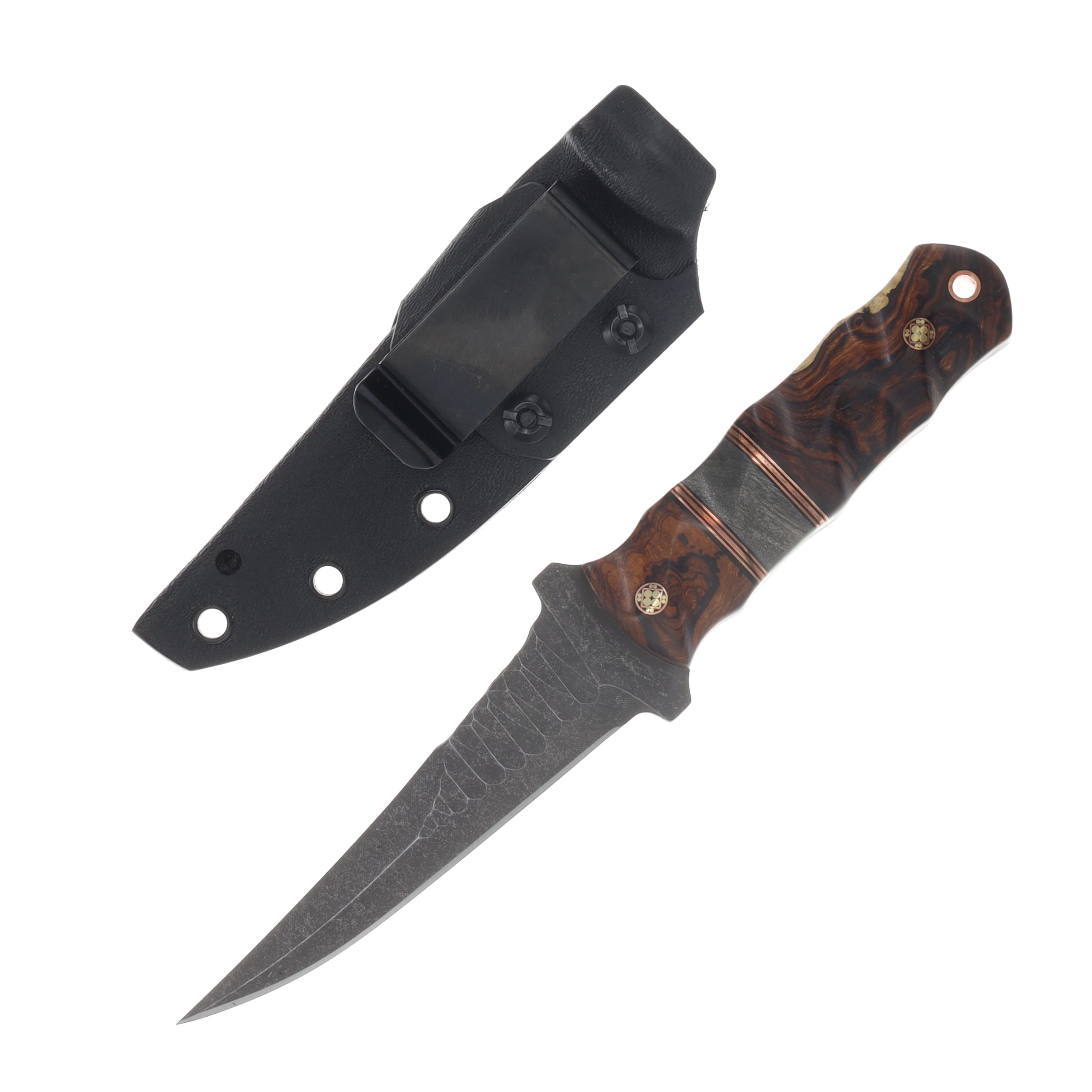 Half Face Blades Combat Filet Fixed Blade Desert Ironwood Black G10 and Copper Pin Striping Buckeye Burl Split HFCFDICPPS View 2