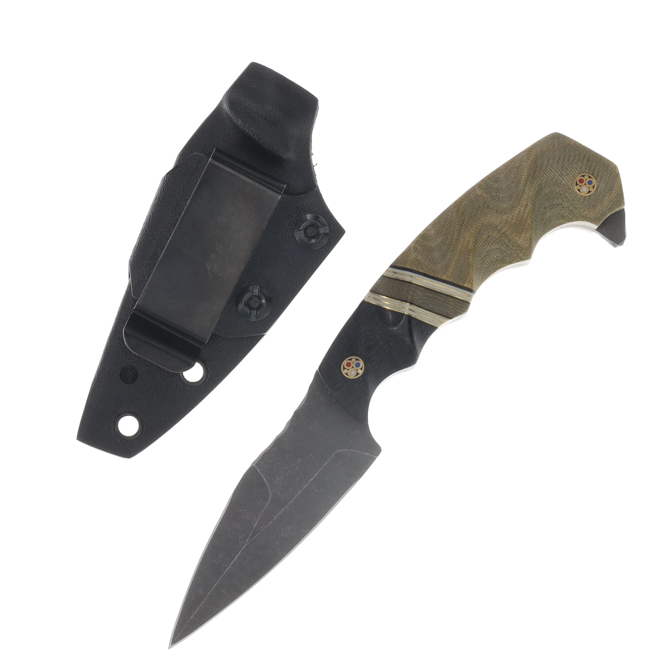 Half Face Blades 3in HUMINT Fixed Blade Blk Burlap Micarta Blk G10 Brass-White G10 Pin Striping Olive Canvas Micarta Split HFHUMBKBLMCPS View 2