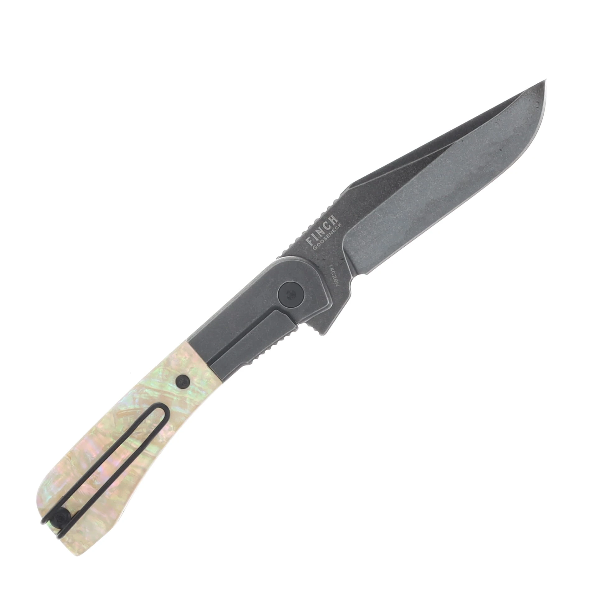 Finch Gooseneck Mother of Pearl Folding Knife Blackwash 14C28N Blade GN700 View 2