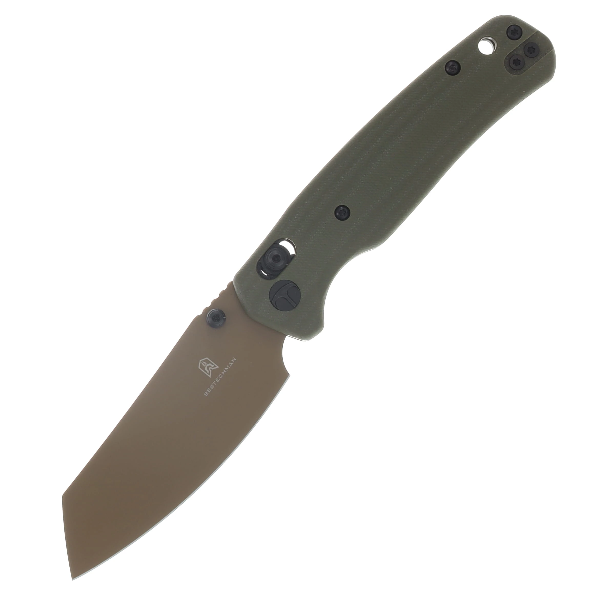 Bestechman Cicada's Wing Crossbar Lock Folding Knife Gold Plated Reverse Tanto/OD G-10 BMK06C View 1
