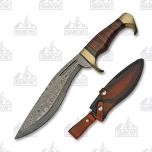 SZCO Supplies 13.5in Stacked Leather Kukri Damascus Fixed Blade Knife DM1232