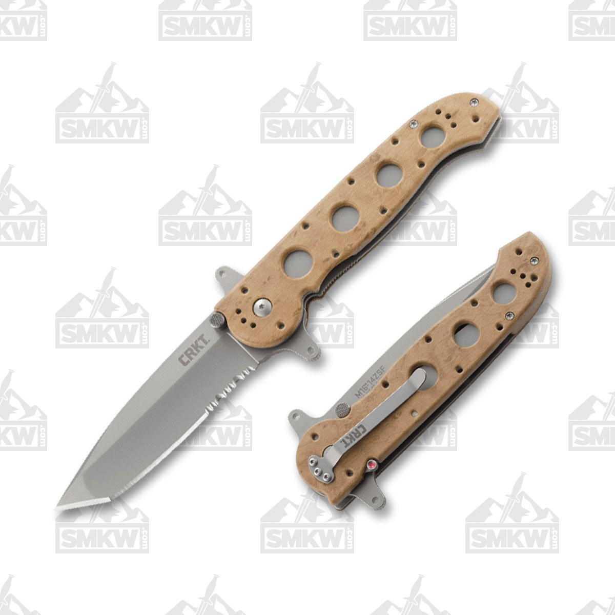CRKT M16-14ZSF Desert Tan 3.99 Inch Part Serr Bead Blasted Tanto Open and Closed 1