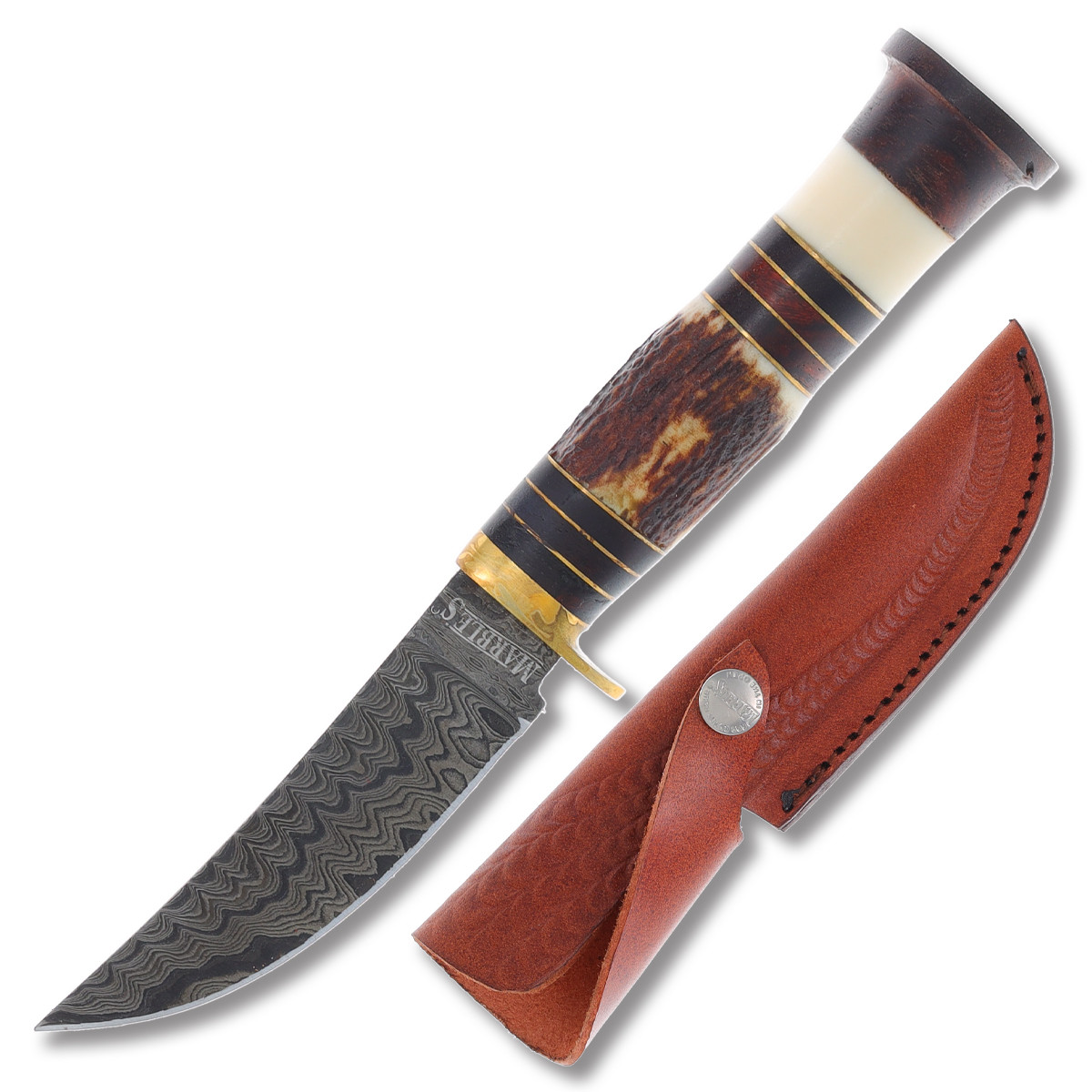 Marbles Damascus Skinner Fixed 4in Upswept Blade Stag