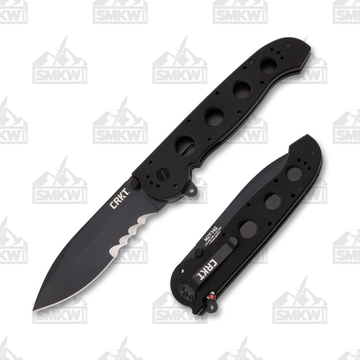 CRKT M21-14G Folding Knife 3.98in Partially Serrated Black Spear Point Open and Closed