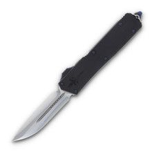 Marfione Scarab II Out-the-Front Automatic Knife (Mirror Polished  Black  Blue Ringed Titanium Hardware)