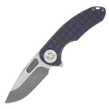 Curtiss Custom Knives F3 Medium Framelock Flipper Folding Knife (Magnacut Slicer  Frag-Patterned Bronzed Dark Blue)