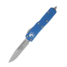 Microtech UTX-85 OTF Automatic Knife Partially Serrated Stonewash Drop Point/Blue AUMT23111BL