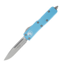 Microtech UTX-85 OTF Automatic Knife Partially Serrated Stonewash Drop Point/Turquoise AUMT23111TQ