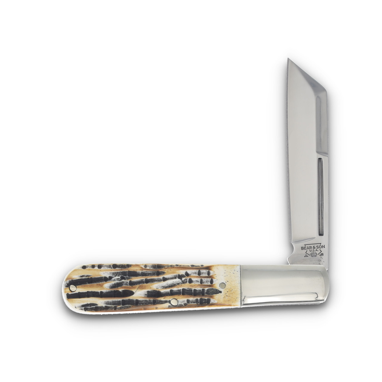 Bear & Son Sheepsfoot Barlow Folding Knife Genuine India Stag Bone Front Open 1