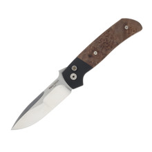 Pro Tech Auto Terzuola ATCF Black Handle With Maple Burl Inlays 3D Ti Clip Mike Irie Hand Ground Blade Mosaic Button Satin Hardware