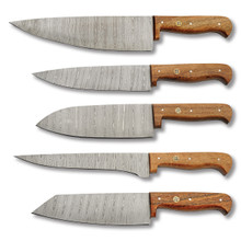 5PC Muddy River Kitchen Knife Roll Set Damascus Blade with Brown Wood Handle