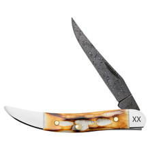Case XX Burnt Natural Bone Deep Canyon Jigged Damascus Small Texas Toothpick Folding Knife CA27236