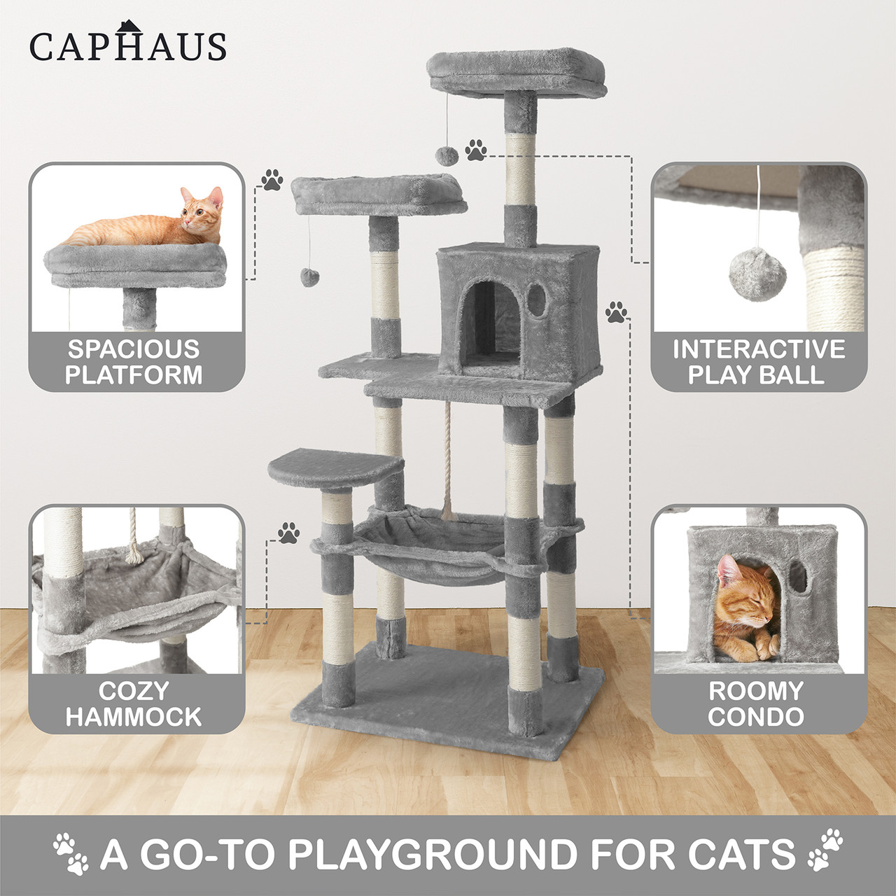 FEANDREA Cat Tree, Cat Tower, Widened Perch for Large Cats, Light
