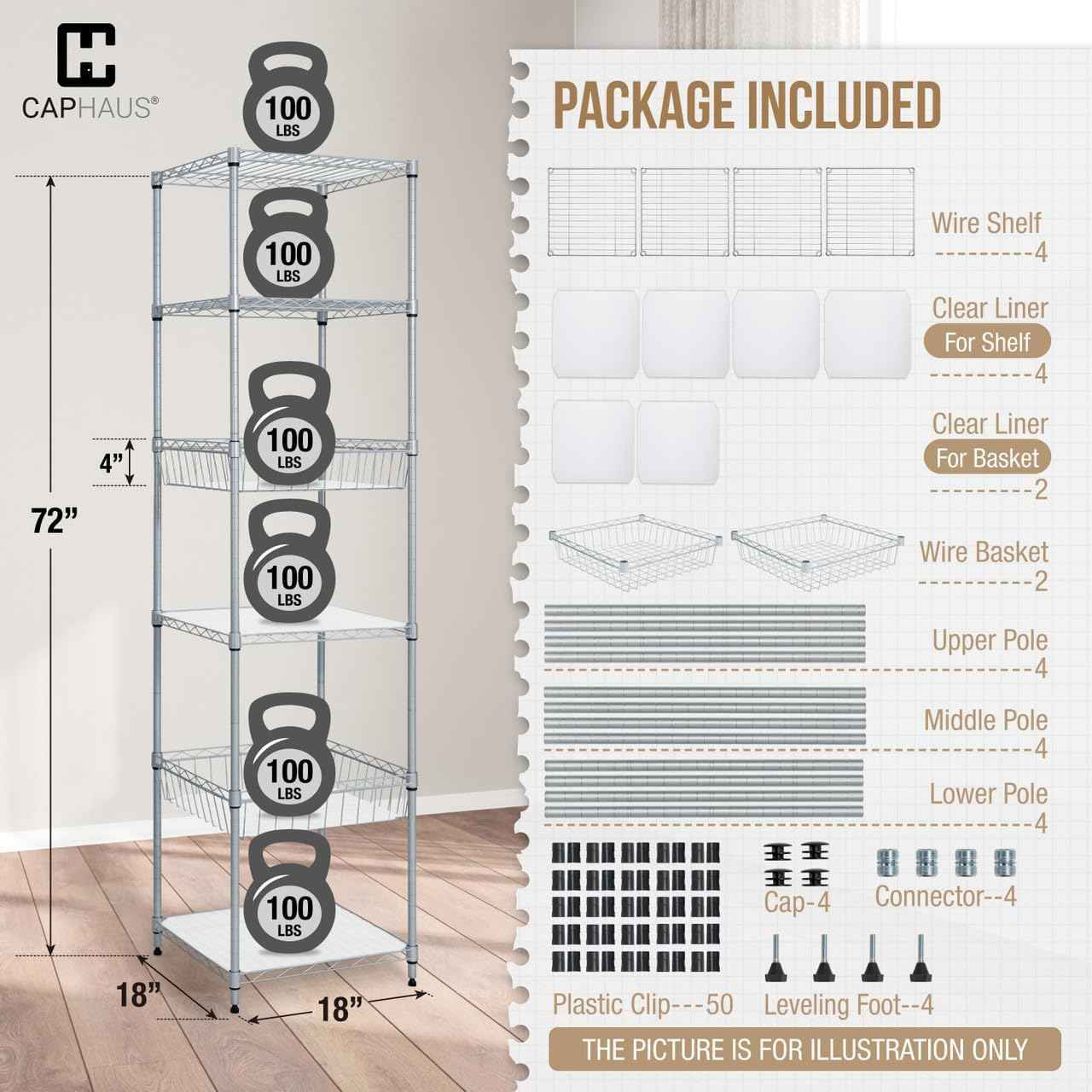 6 Tier Wire Shelving Basket Shelves, Sliver Grey