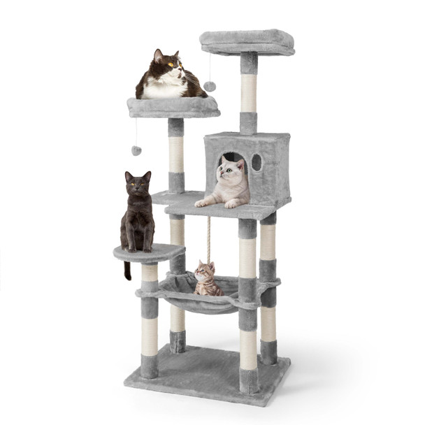 58 in. Light Grey Cat Tower for Indoor Cats, Multi-Level Cat Activity Tree with Scratching Posts, Basket, Cave Condo