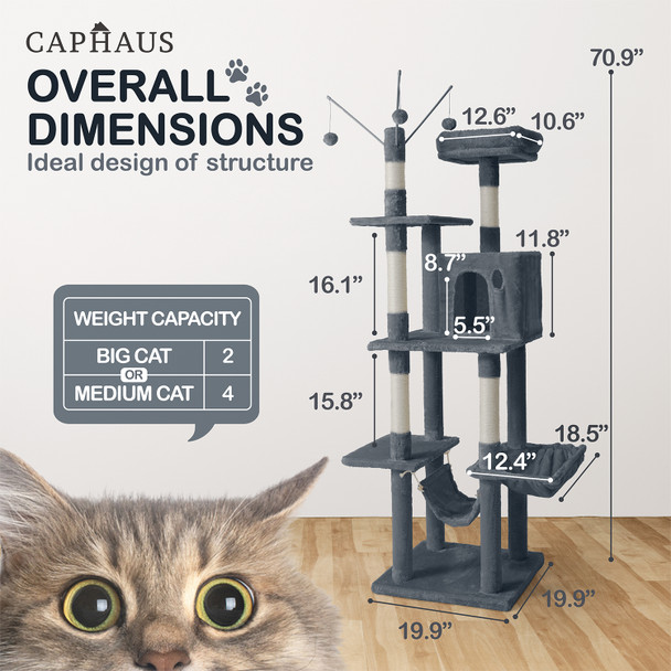 70 in. Dark Grey Cat Tower for Indoor Cats, Multi-Level Cat Activity Tree with Scratching Posts, Basket, Cave Condo