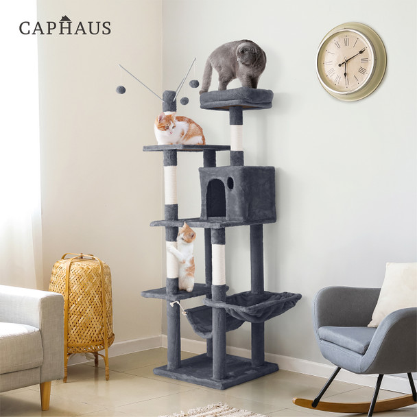 70 in. Dark Grey Cat Tower for Indoor Cats, Multi-Level Cat Activity Tree with Scratching Posts, Basket, Cave Condo