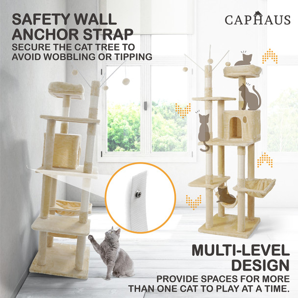 70 in. Beige Cat Tower for Indoor Cats, Multi-Level Cat Activity Tree with Scratching Posts, Basket, Cave Condo