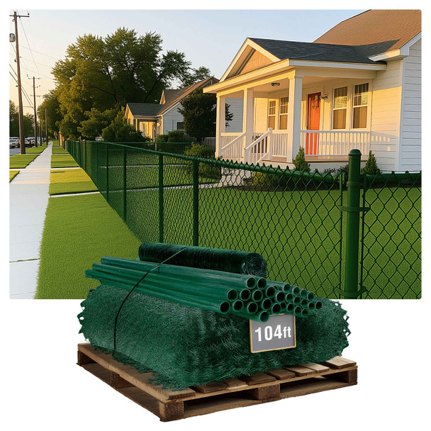 5ft. Height 9 Gauge Green Vinyl Coated Chain Link Fence Kit w/Fence Fabric, Gate, Posts, Top Rails & Hardware, Multiple Options