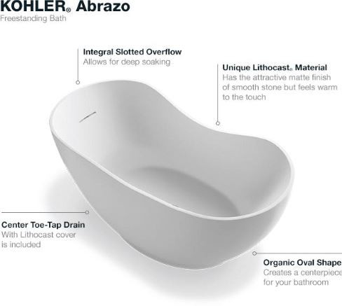 Kohler Abrazo 66" Free Standing Resin Soaking Tub with Center Drain, Drain Assembly and Overflow