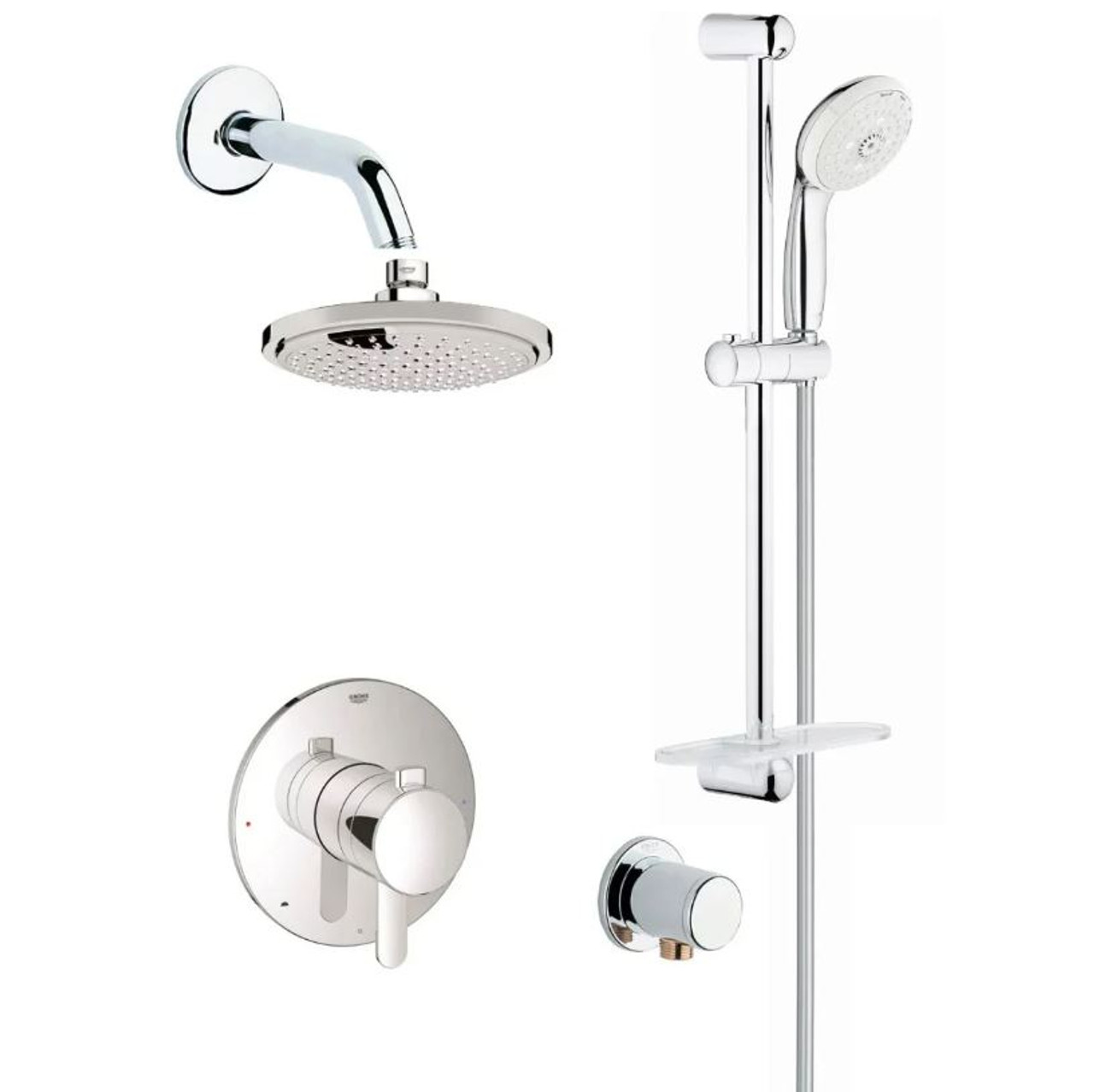 Grohe Europlus Balanced Shower System with Rain Shower Head, Handshower, Slide Bar, Supply, Integrated Diverter and Volume Control - Rough-In Valve Included in Chrome - Royal Bath Place